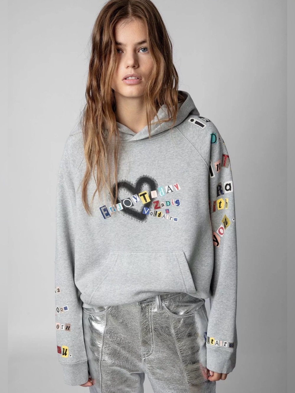 Zadig & Voltaire Georgy Multicusto Heart Graphic Hoodie Grey Size Small